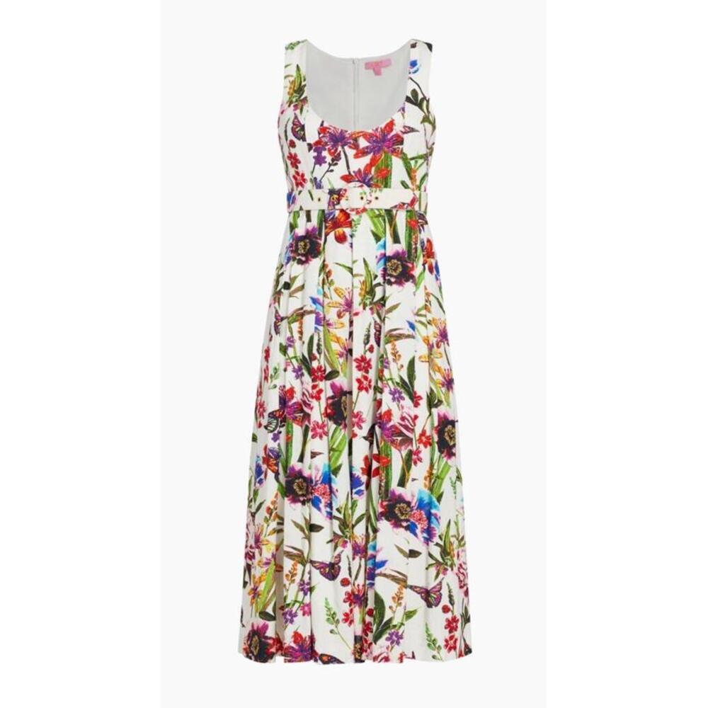 $255 LDT Athena Belted White Botanical Floral Linen-Blend Midi Dress Size 6 - Picture 2 of 9